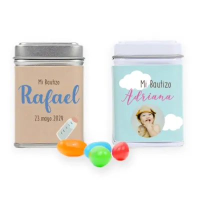 Latita personalizada con Jelly beans para Bautizo