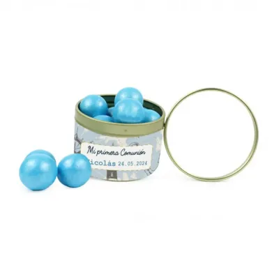 Botecito dorado con ventana con chocoperlas detalles comunión