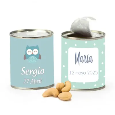 Frutos secos en latita personalizada para detalle bautizo