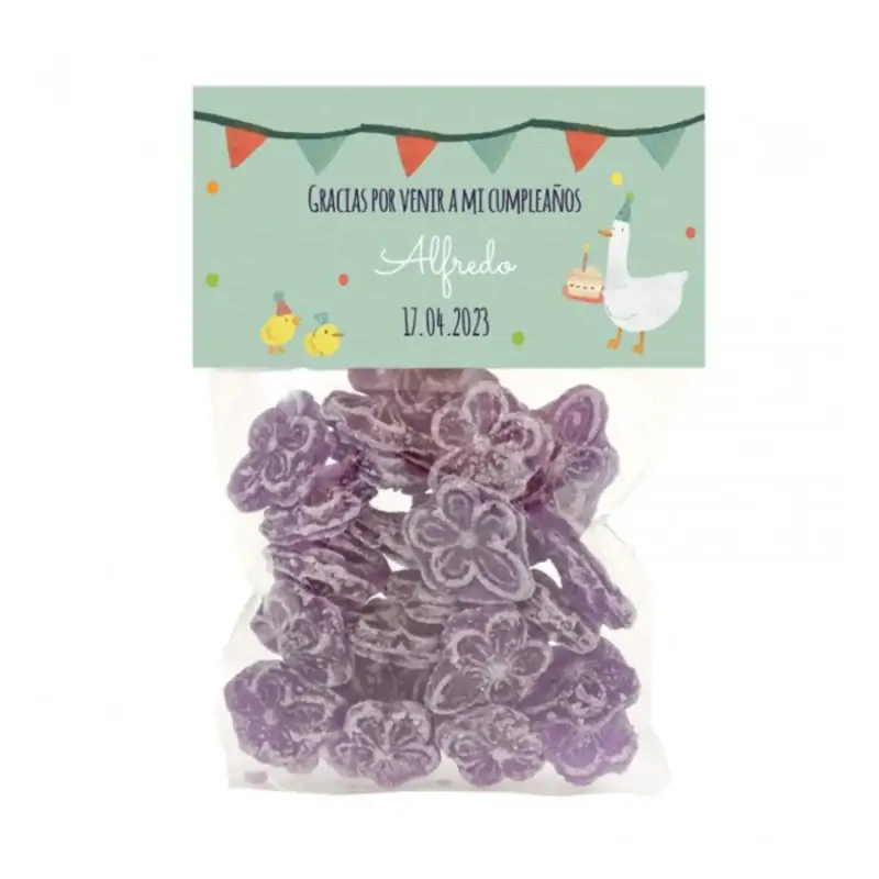 Caramelos violetas en bolsita personalizada para Cumpleaños