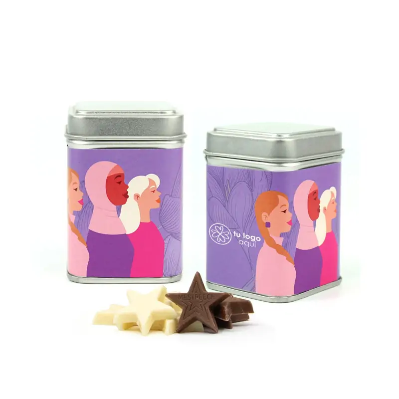 Latita Cuadrada con Estrellas de Chocolate con Leche para el Día de la Mujer 8M plata con chocolate mix
