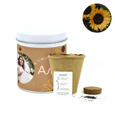 Cultivo de Girasol en Lata blanca Personalizada para Comunión