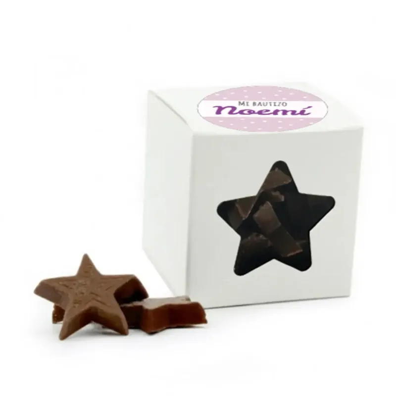 Estrellas de chocolate en cajita cubo para Bautizo