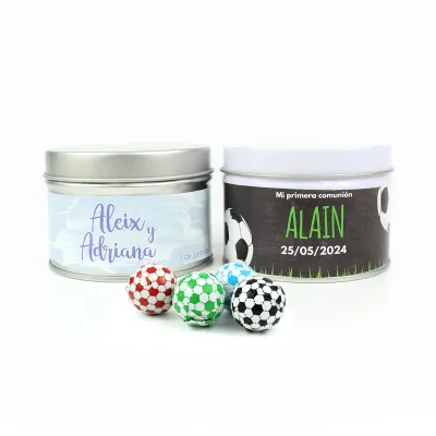 Balones de Chocolate en Lata Personalizada para Comunión