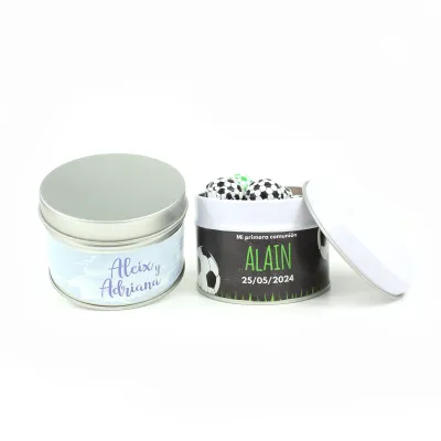 Balones de Chocolate en Lata Personalizada para Comunión abierta