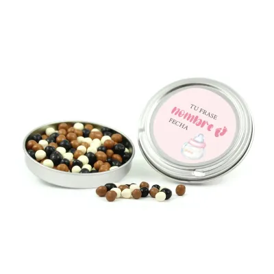 Caviar de Chocolate en Latita Personalizada para Bautizo abierta
