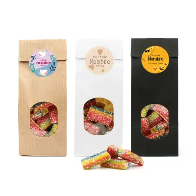 Ladrillos de Gominola en Bolsita Kraft Personalizada para Detalles de Comunión tres bolsas Ladrillos de Gominola en Bolsita Kraft Personalizada para Detalles de Comunión tres bolsas