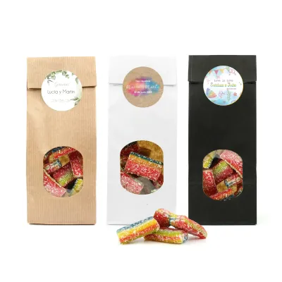 Ladrillos de Gominola en Bolsita Kraft Personalizada para Detalle de Boda tres bolsas