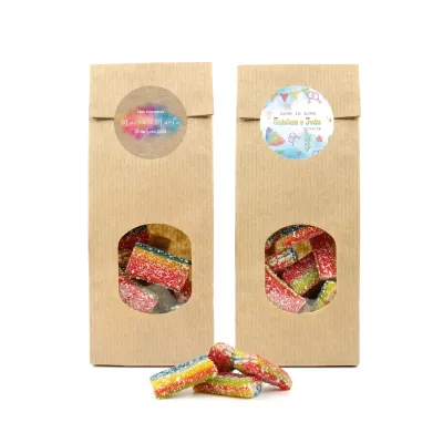 Ladrillos de Gominola en Bolsita Kraft Personalizada para Detalle de Boda