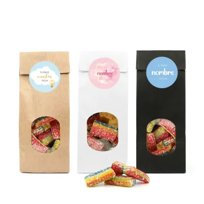 Ladrillos de Gominola en Bolsita Kraft Personalizada para Detalle de Bautizo frontal