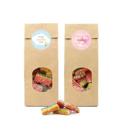 Ladrillos de Gominola en Bolsita Kraft Personalizada para Detalle de Bautizo