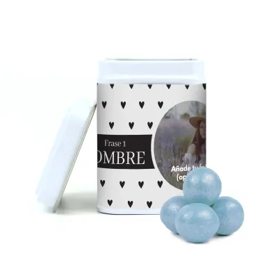 Chocoperlas en Latita Cuadrada Comunión blanca chocoperlas azules