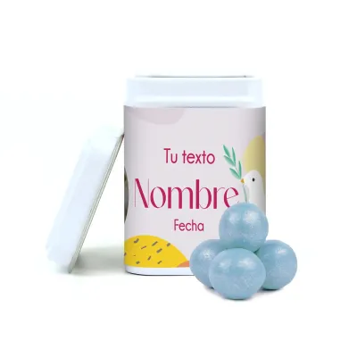 Chocoperlas en Latita Cuadrada Comunión blanca chocoperlas azules diseño 3