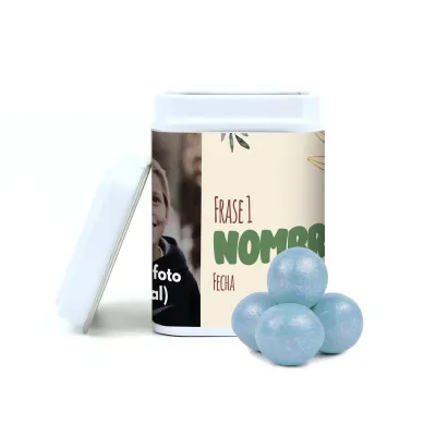 Chocoperlas en Latita Cuadrada Comunión blanca chocoperlas azules diseño 2