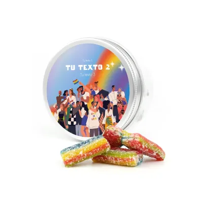 Bote Plano con Gominolas Arcoíris para el Día del Orgullo frontal