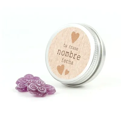 Caramelos Violetas en Latita Redonda Personalizada para Comunión frontal