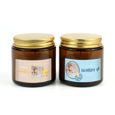 Vela Aromática Madera Ámbar Personalizada para Detalle de Bautizo