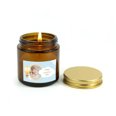 Vela Aromática Madera Ámbar Personalizada para Detalle de Bautizo frontal