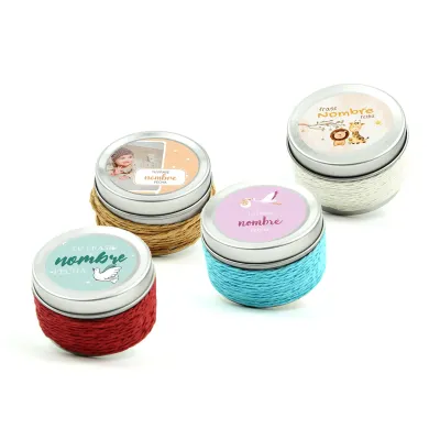 Vela Aromática en Latita Redonda Personalizada con Cuerda de Yute para Bautizo todas