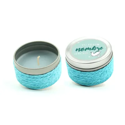 Vela Aromática en Latita Redonda Personalizada con Cuerda de Yute para Bautizo azul