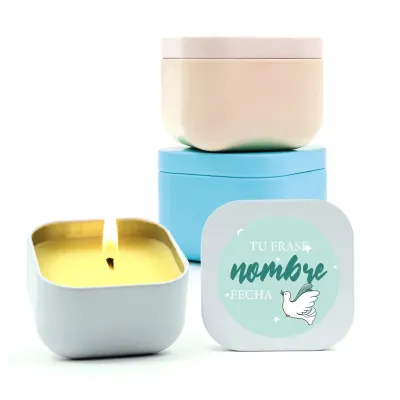 Vela Aromática en Latita Cuadrada Personalizada para Bautizo