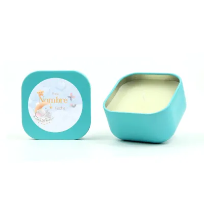 Vela Aromática en Latita Cuadrada Personalizada para Bautizo azul
