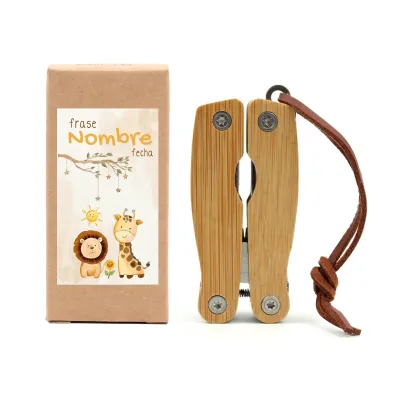 Kit Herramientas de Bambú en Cajita Kraft Personalizada para Bautizo