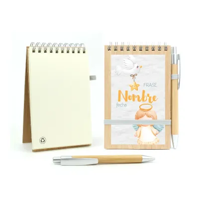 Bloc de Notas y Bolígrafo de Bambú Personalizado para Bautizo