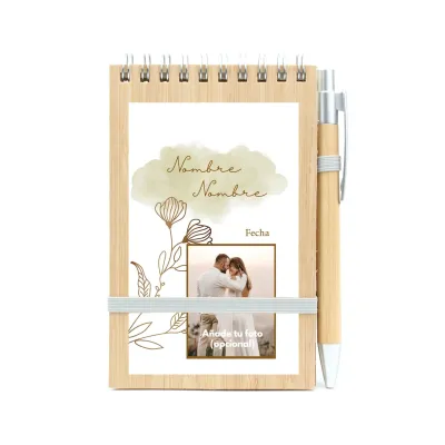 Bloc de Notas y Bolígrafo de Bambú Personalizado para Boda frontal