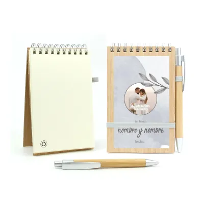 Bloc de Notas y Bolígrafo de Bambú Personalizado para Boda