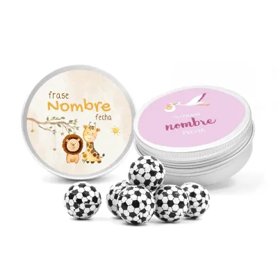 Balones de Fútbol de Chocolate en Latita Personalizada para Detalle de Bautizo