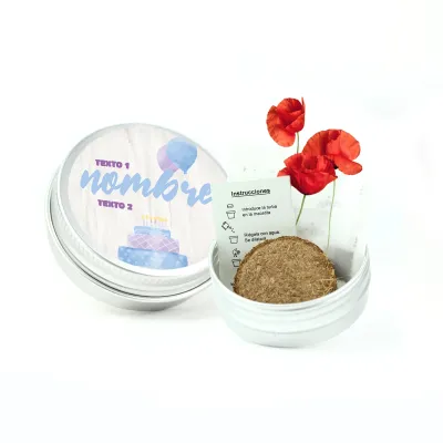 Semillas en Lata de Aluminio Personalizada para Cumpleaños amapola