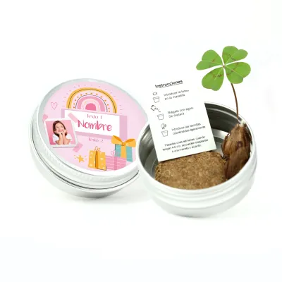 Semillas en Lata de Aluminio Personalizada para Cumpleaños trébol