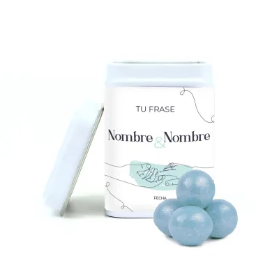 Chocoperlas en Latita Cuadrada Detalles de Boda blanca azul