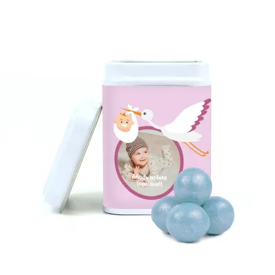 Chocoperlas en Latita Cuadrada para Detalle de Bautizo blanca azul
