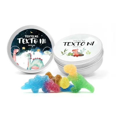 Dinosaurios de Gominola en Latita Aluminio Redonda para Detalle de Comunión