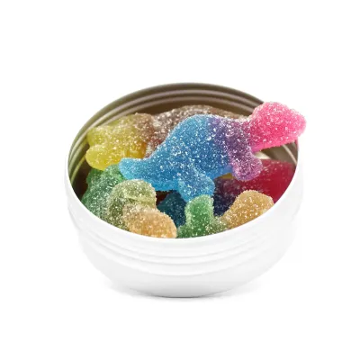 Dinosaurios de Gominola en Latita Aluminio Redonda para Detalle de Comunión abierta