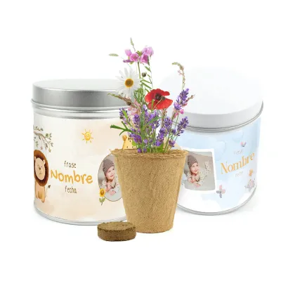 Cultivo de Mix de Flores en Lata Personalizada para Detalles de Bautizo
