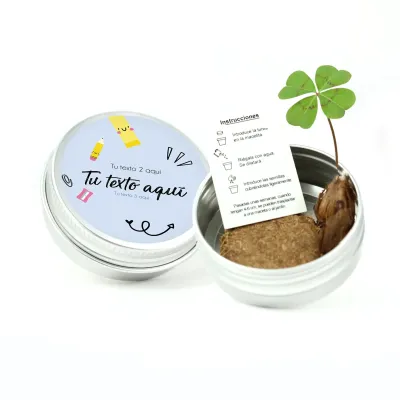 Semillas en Lata de Aluminio Personalizada para Eventos Escolares trébol