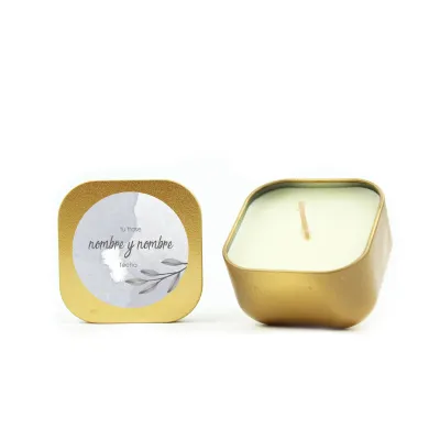 Vela Aromática en Latita Cuadrada Metalizada Personalizada para Boda dorada