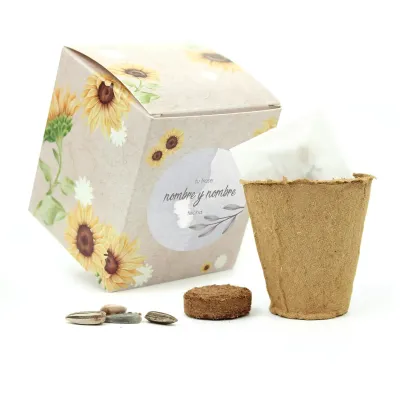 Kit de Cultivo Girasoles en Cajita Decorada y Personalizada para Boda