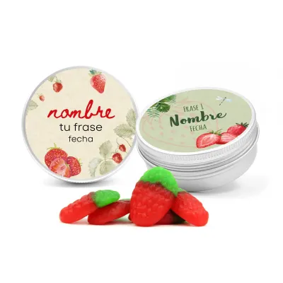 Fresas de Gominola en Lata Personalizada para Detalle de Comunión