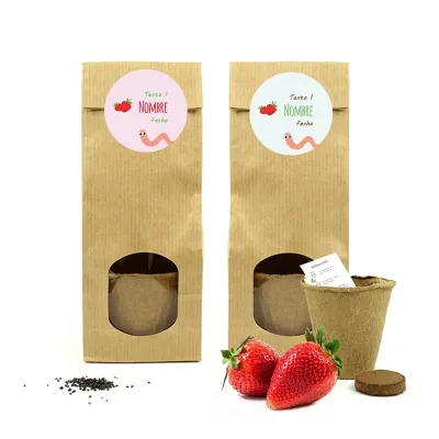 Set de Cultivo de Fresas en Bolsita Kraft Personalizada para Detalles de Bautizo