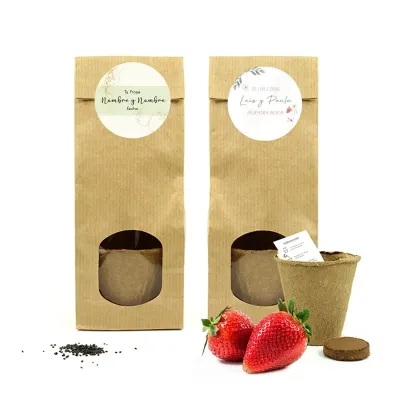 Set de Cultivo de Fresas en Bolsita Kraft Personalizada para Detalles de Boda