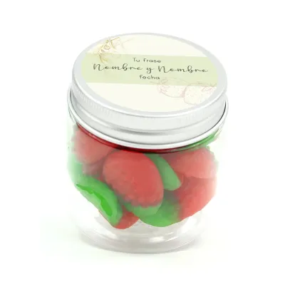 Fresas de Gominola en Bote Personalizado para Detalle de Boda frontal