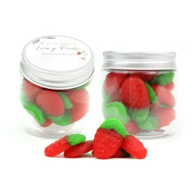Fresas de Gominola en Bote Personalizado para Detalle de Boda