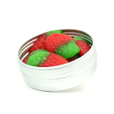 Fresas de Gominola en Lata Personalizada para Detalle de Boda abierta