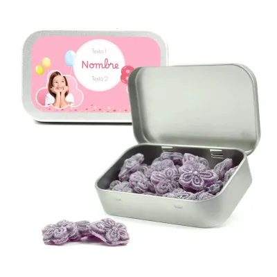 Caramelos Violetas en Cajita Metálica Rectangular Personalizada para Detalle de Cumpleaños