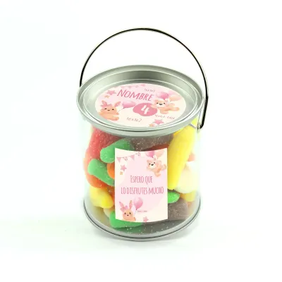 Mix de Gominolas Azucaradas en Botecito con Asa Personalizado para Detalle de Cumpleaños frontal