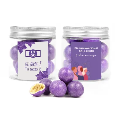 Perlas de Chocolate Moradas en Bote Personalizado para el Día de la Mujer 8M